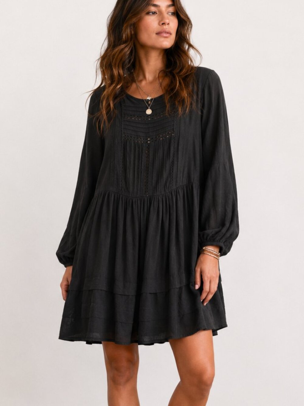 ANN TAYLOR Black Pintuck Crochet Lace Insert Dress Long Sleeve Babydoll Sz 4